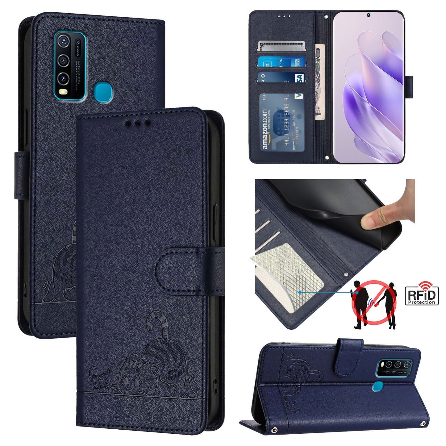 vivo Y30 4G Global Cat & Rat Embossed RFID Leather Case, Lanyard, Wallet, Card Slots, Kickstand, Anti-Fall, Scratch-Resistant