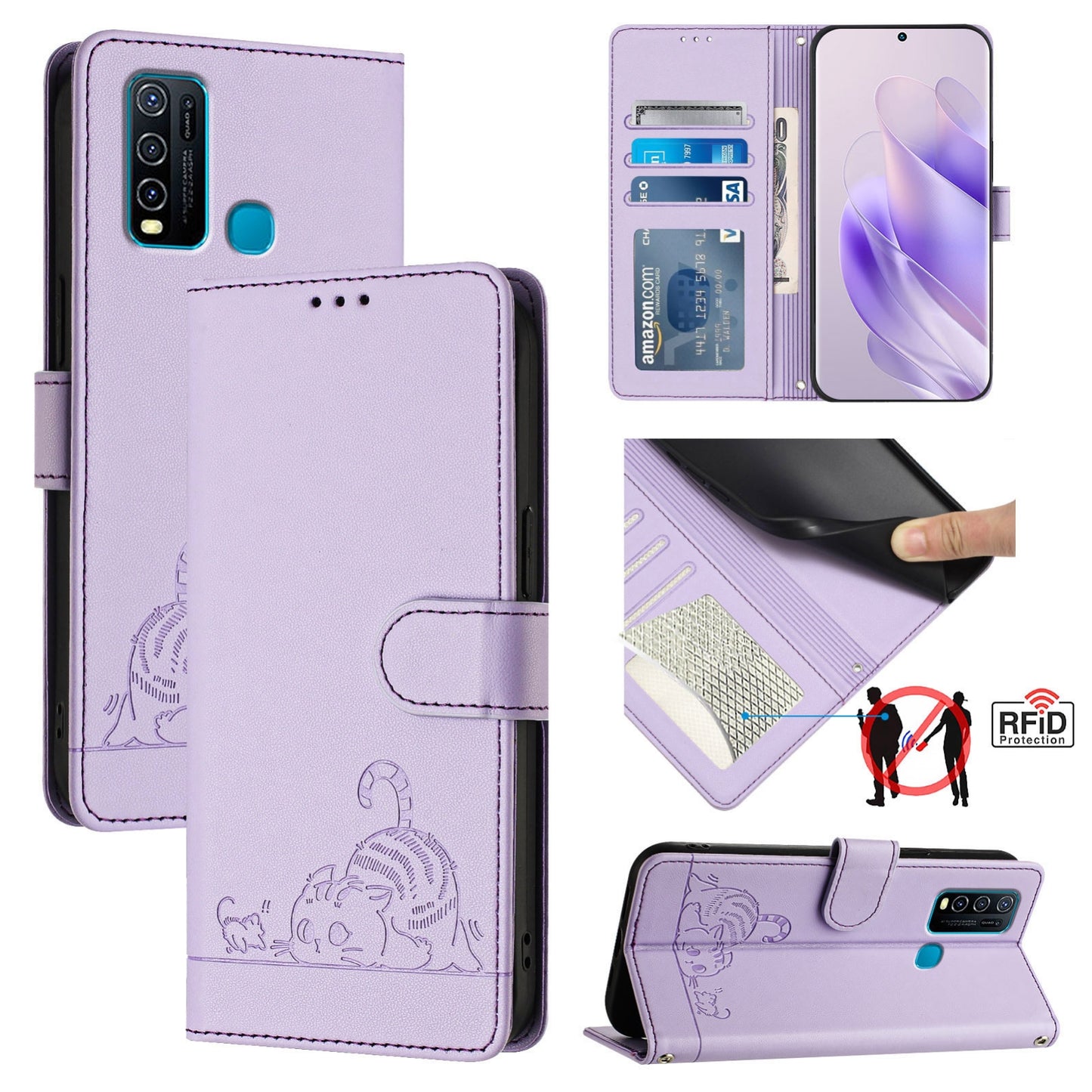 vivo Y30 4G Global Cat & Rat Embossed RFID Leather Case, Lanyard, Wallet, Card Slots, Kickstand, Anti-Fall, Scratch-Resistant