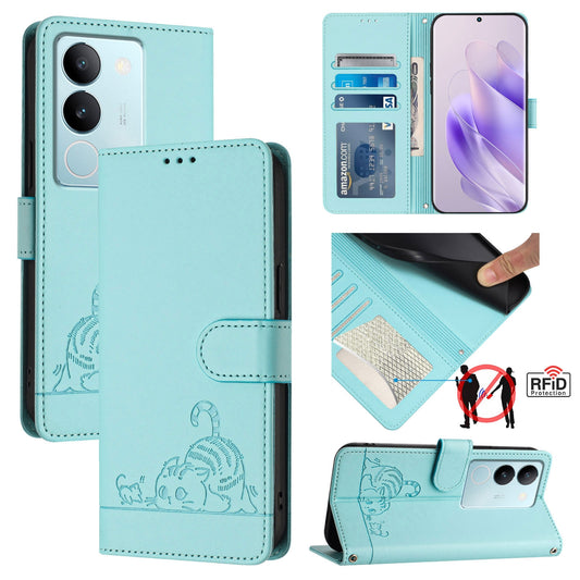 vivo V29 5G Global Cat & Rat Embossed RFID Leather Case, Lanyard, Wallet, Card Slots, Kickstand, Anti-Fall, Scratch-Resistant