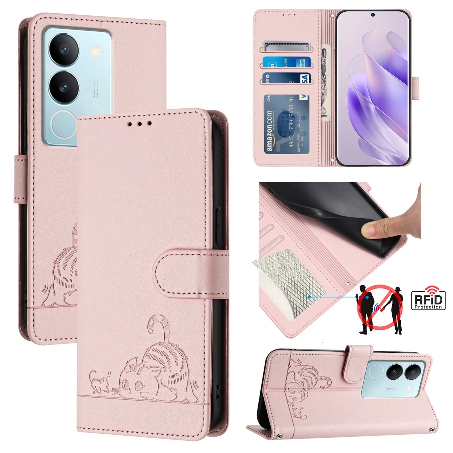 vivo V29 5G Global Cat & Rat Embossed RFID Leather Case, Lanyard, Wallet, Card Slots, Kickstand, Anti-Fall, Scratch-Resistant