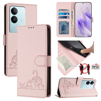 vivo V29 5G Global Cat & Rat Embossed RFID Leather Case, Lanyard, Wallet, Card Slots, Kickstand, Anti-Fall, Scratch-Resistant