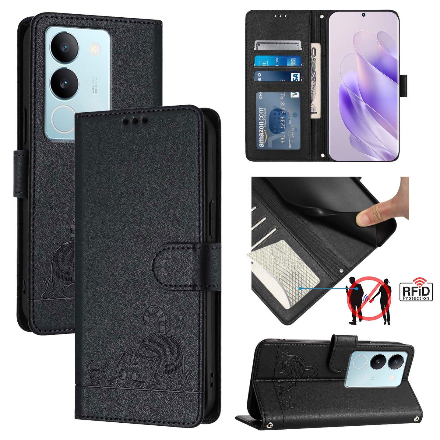 vivo V29 5G Global Cat & Rat Embossed RFID Leather Case, Lanyard, Wallet, Card Slots, Kickstand, Anti-Fall, Scratch-Resistant