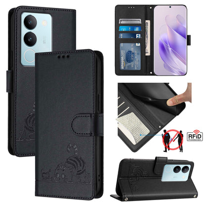 vivo V29 5G Global Cat & Rat Embossed RFID Leather Case, Lanyard, Wallet, Card Slots, Kickstand, Anti-Fall, Scratch-Resistant
