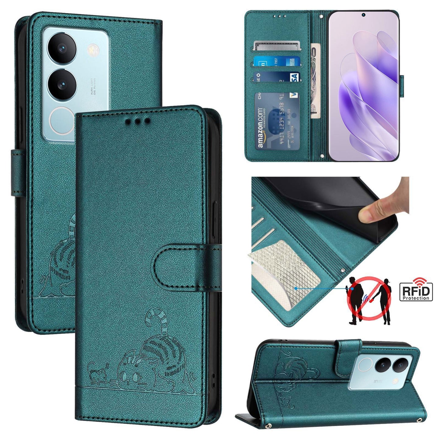 vivo V29 Pro Cat & Rat Embossed RFID Leather Case, Lanyard, Wallet, Card Slots, Kickstand, Anti-Fall, Scratch-Resistant
