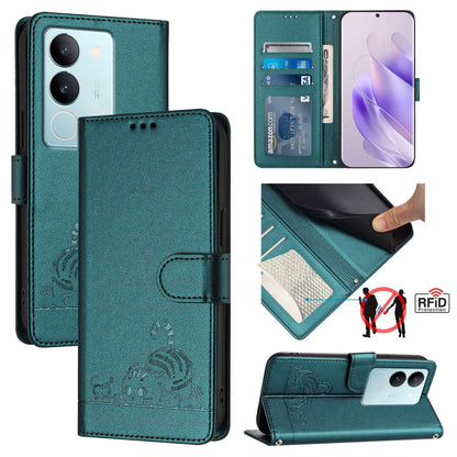 vivo V29 Pro Cat & Rat Embossed RFID Leather Case, Lanyard, Wallet, Card Slots, Kickstand, Anti-Fall, Scratch-Resistant