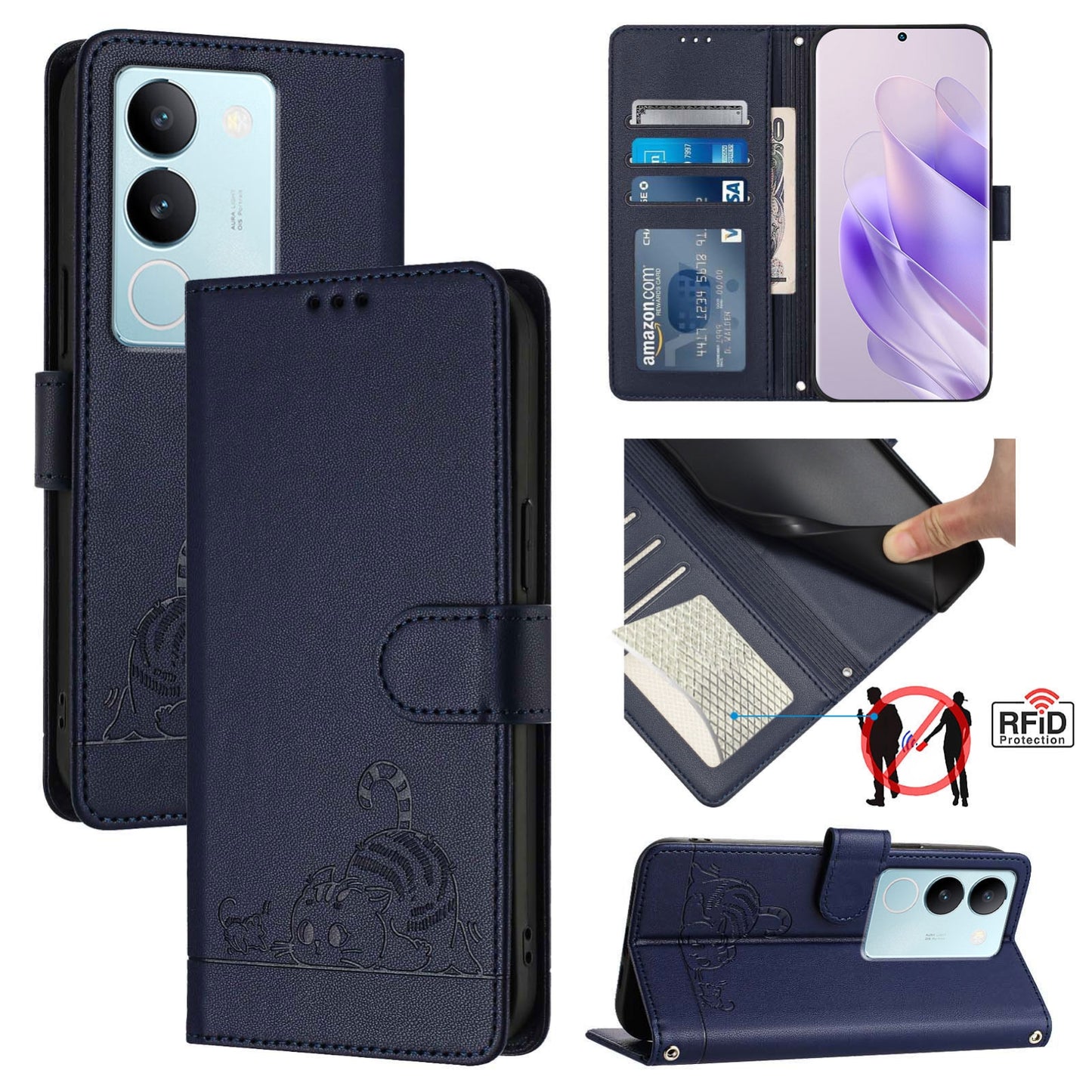 vivo V29 Pro Cat & Rat Embossed RFID Leather Case, Lanyard, Wallet, Card Slots, Kickstand, Anti-Fall, Scratch-Resistant