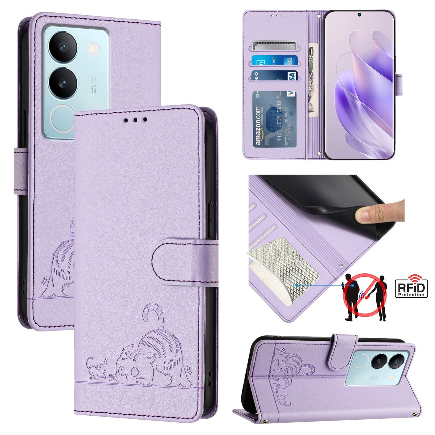 vivo V29 Pro Cat & Rat Embossed RFID Leather Case, Lanyard, Wallet, Card Slots, Kickstand, Anti-Fall, Scratch-Resistant