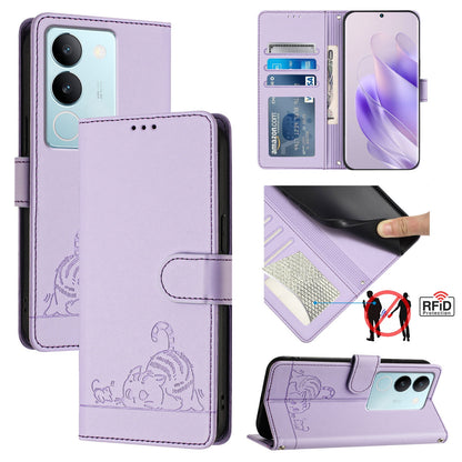 vivo V29 Pro Cat & Rat Embossed RFID Leather Case, Lanyard, Wallet, Card Slots, Kickstand, Anti-Fall, Scratch-Resistant