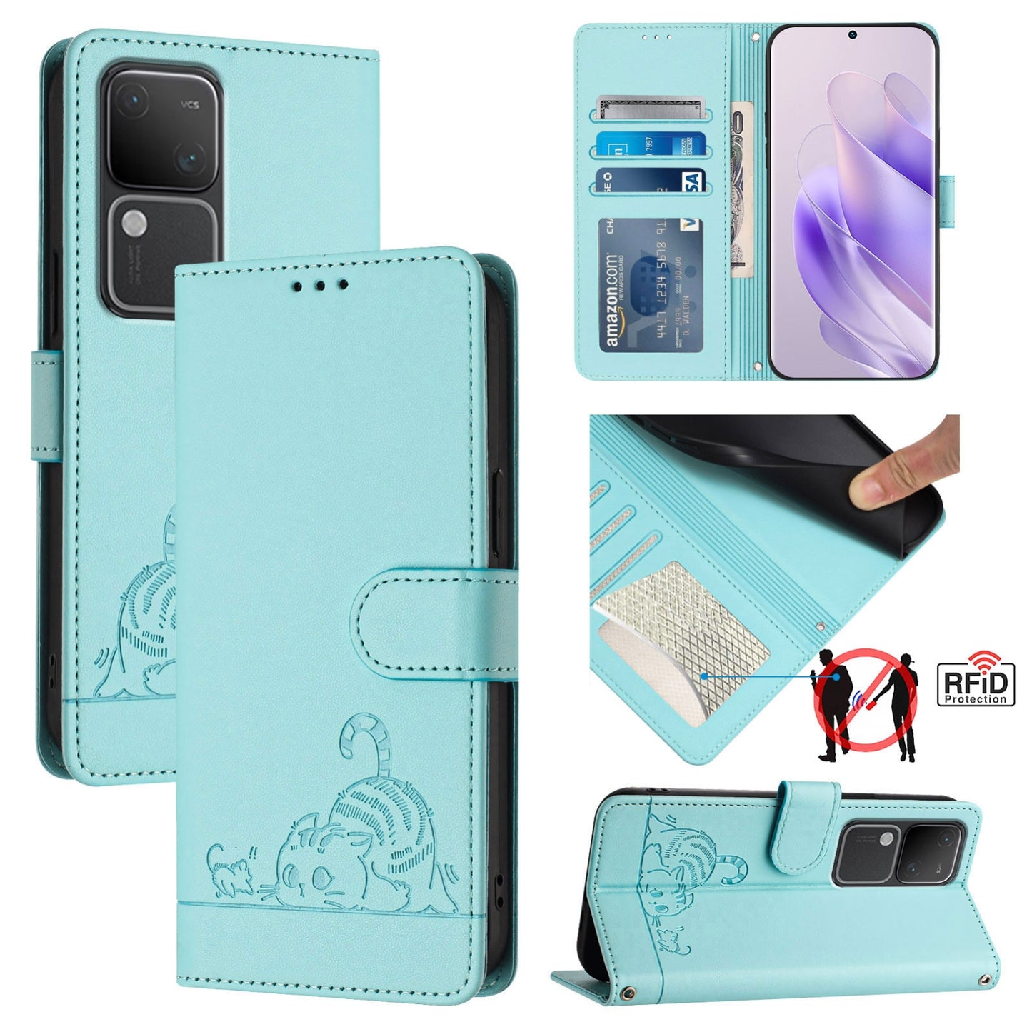 vivo V30 5G Global Cat & Rat Embossed RFID Leather Case, Lanyard, Wallet, Card Slots, Kickstand, Anti-Fall, Scratch-Resistant