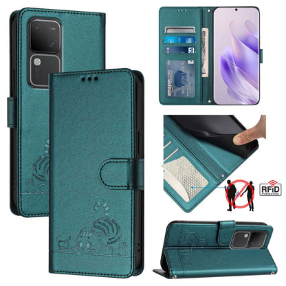vivo V30 5G Global Cat & Rat Embossed RFID Leather Case, Lanyard, Wallet, Card Slots, Kickstand, Anti-Fall, Scratch-Resistant