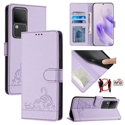 vivo V30 5G Global Cat & Rat Embossed RFID Leather Case, Lanyard, Wallet, Card Slots, Kickstand, Anti-Fall, Scratch-Resistant