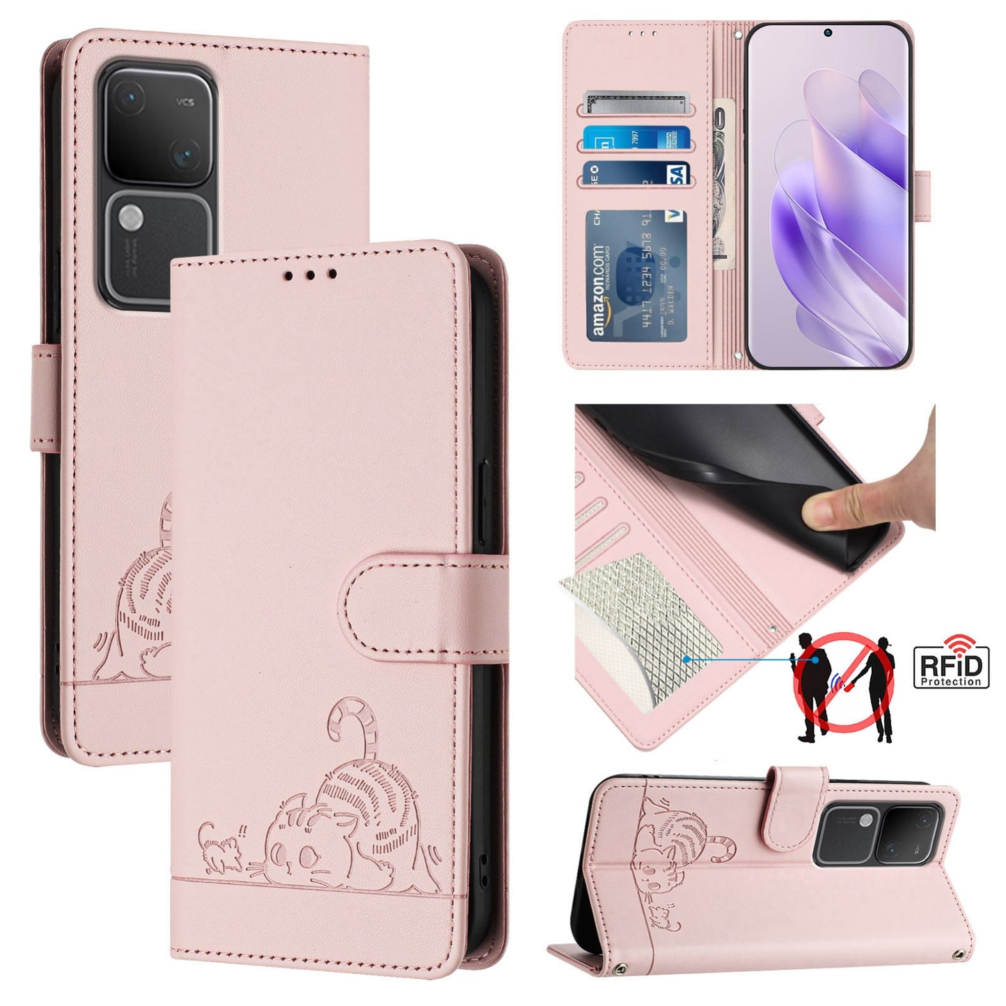 vivo V30 Pro 5G Global Cat & Rat Embossed RFID Leather Case, Lanyard, Wallet, Card Slots, Kickstand, Anti-Fall, Scratch-Resistant