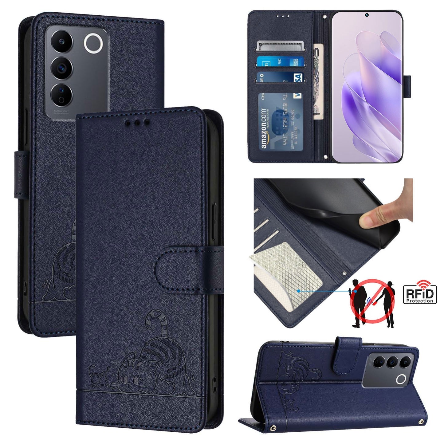 vivo V27 5G Global Cat & Rat Embossed RFID Leather Case, Lanyard, Wallet, Card Slots, Kickstand, Anti-Fall, Scratch-Resistant