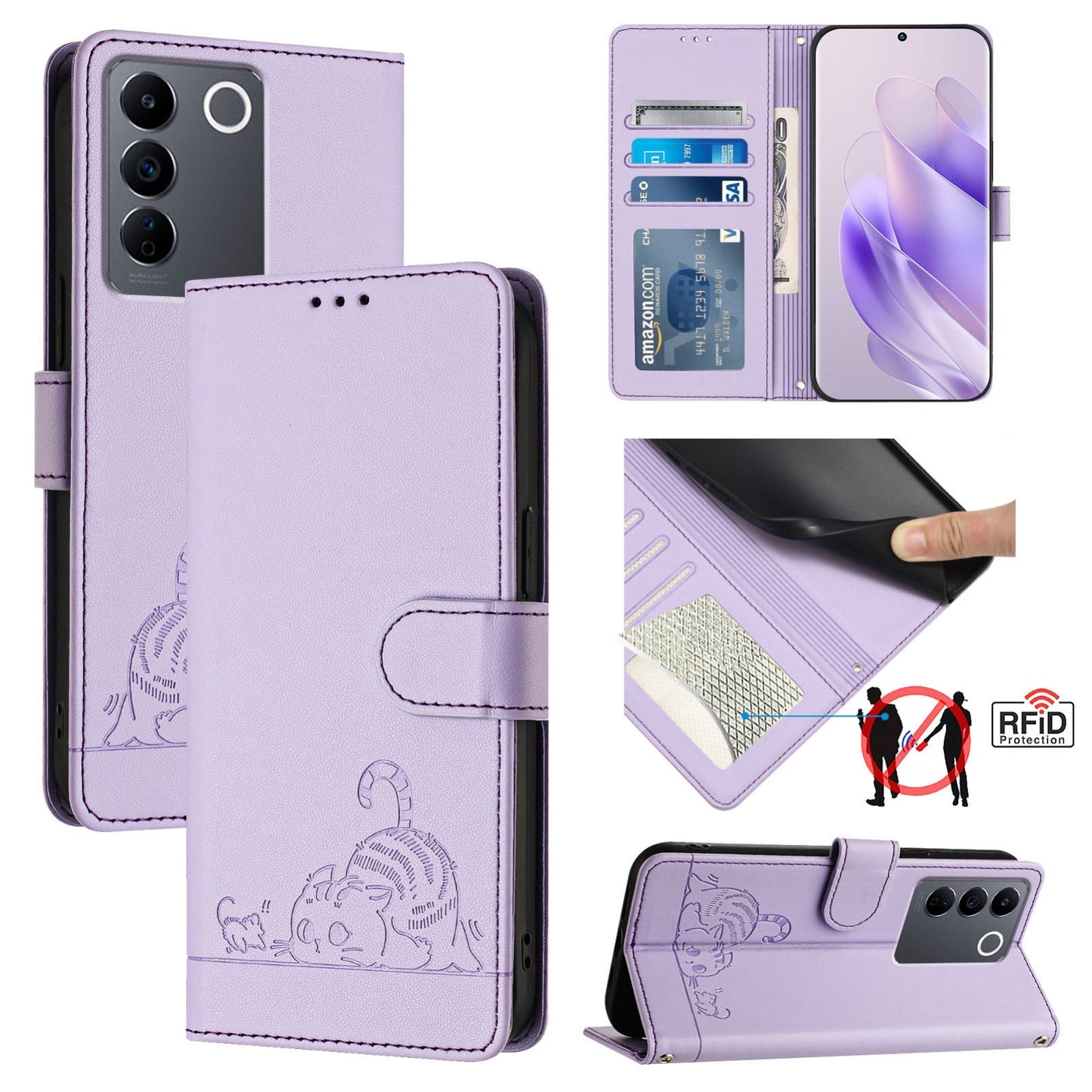 vivo V27 Pro 5G Global Cat & Rat Embossed RFID Leather Case, Lanyard, Wallet, Card Slots, Kickstand, Anti-Fall, Scratch-Resistant