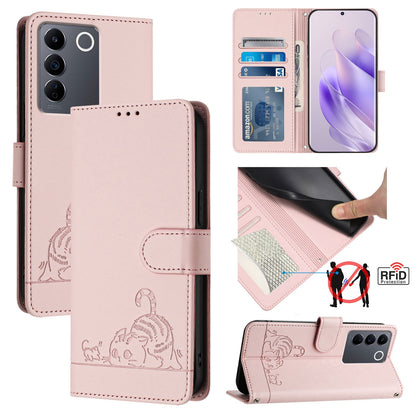 vivo V27E 4G Global Cat & Rat Embossed RFID Leather Case, Lanyard, Wallet, Card Slots, Kickstand, Anti-Fall, Scratch-Resistant