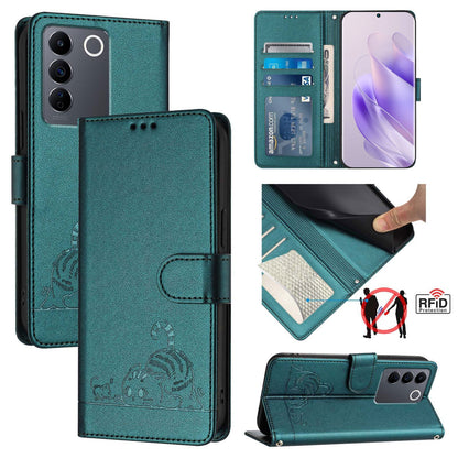vivo T2 4G Global Cat & Rat Embossed RFID Leather Case, Lanyard, Wallet, Card Slots, Kickstand, Anti-Fall, Scratch-Resistant