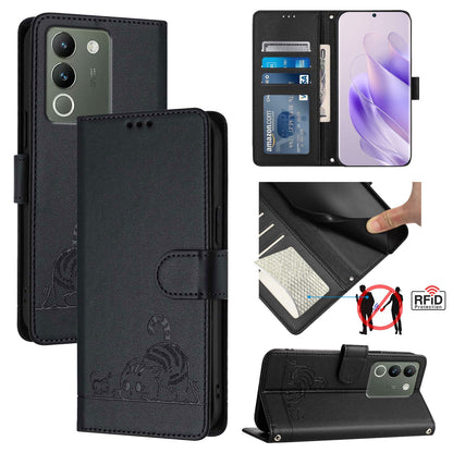 vivo V29E 5G Global Cat & Rat Embossed RFID Leather Case, Lanyard, Wallet, Card Slots, Kickstand, Anti-Fall, Scratch-Resistant