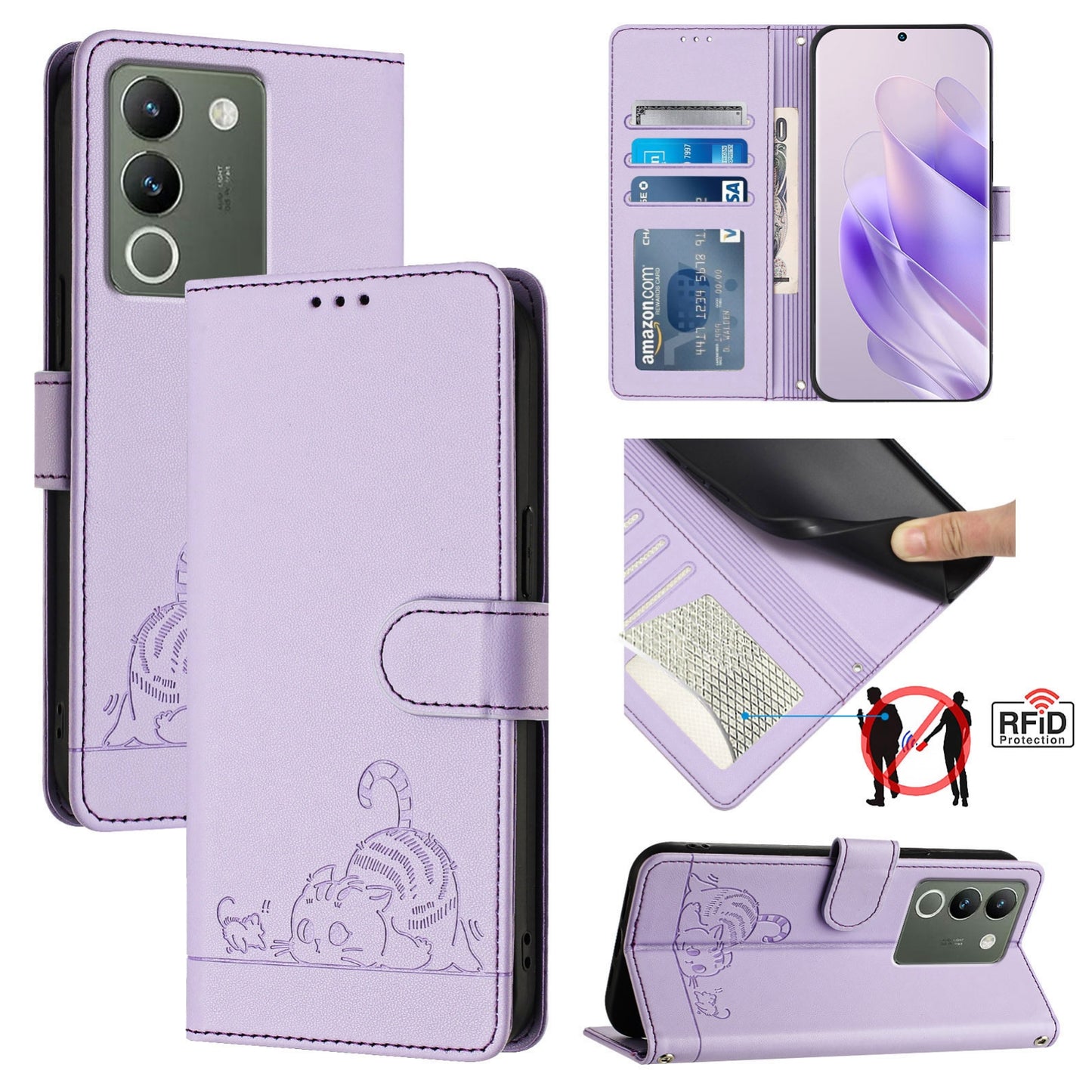 vivo V29E 5G Global Cat & Rat Embossed RFID Leather Case, Lanyard, Wallet, Card Slots, Kickstand, Anti-Fall, Scratch-Resistant