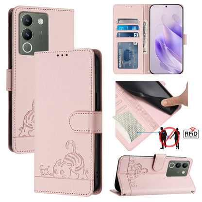 vivo Y200 5G Global Cat & Rat Embossed RFID Leather Case, Lanyard, Wallet, Card Slots, Kickstand, Anti-Fall, Scratch-Resistant