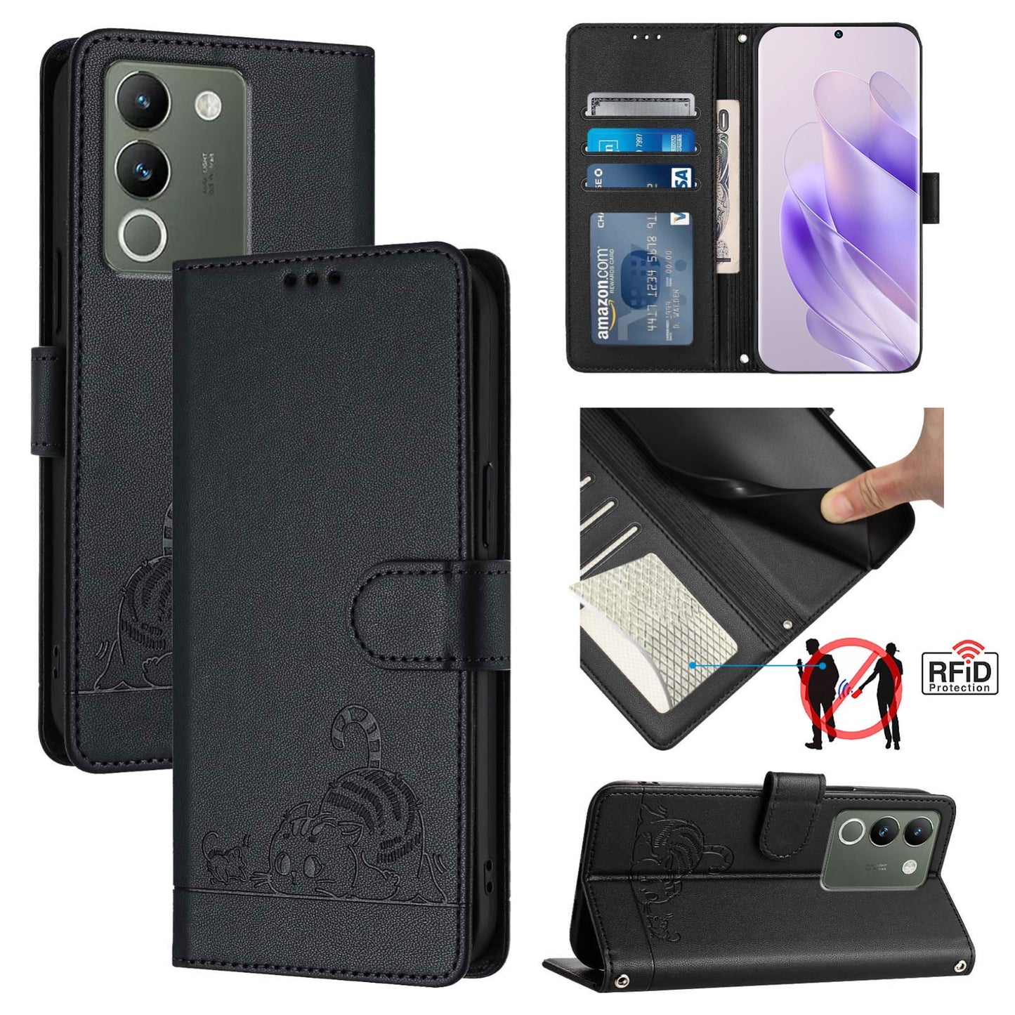 vivo V30 Lite 5G Global Cat & Rat Embossed RFID Leather Case, Lanyard, Wallet, Card Slots, Kickstand, Anti-Fall, Scratch-Resistant