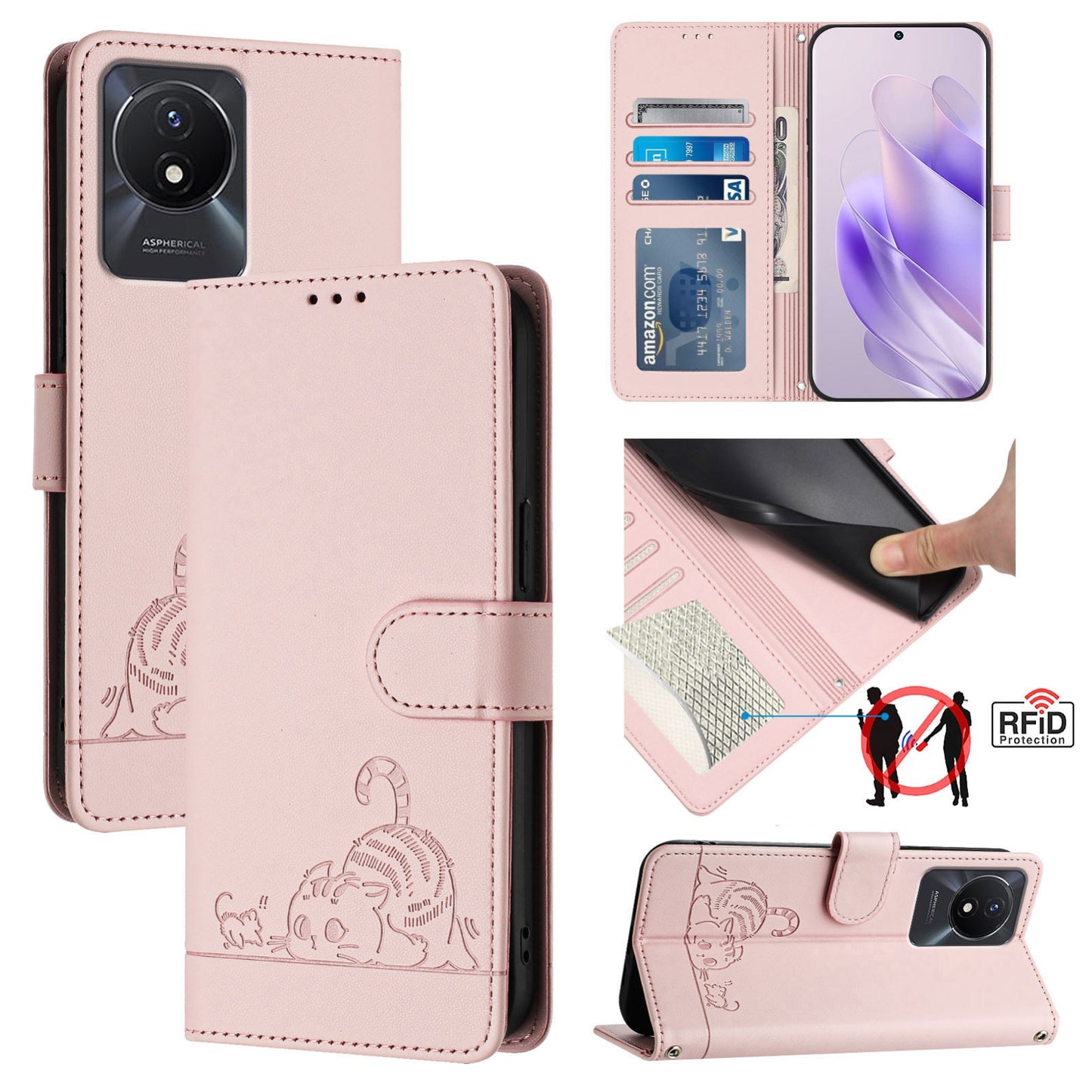 vivo Y02T Cat & Rat Embossed RFID Leather Case, Lanyard, Wallet, Card Slots, Kickstand, Anti-Fall, Scratch-Resistant