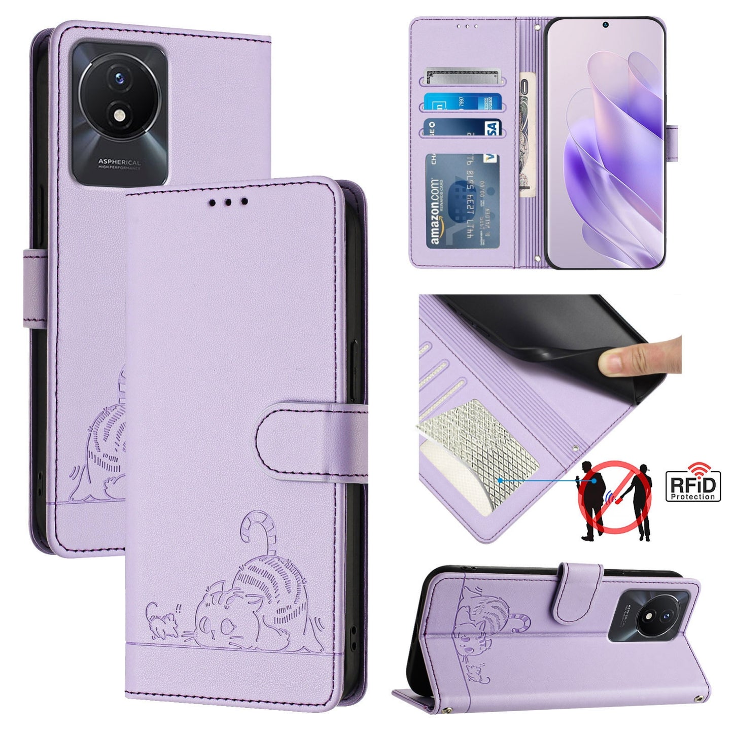 vivo Y02T Cat & Rat Embossed RFID Leather Case, Lanyard, Wallet, Card Slots, Kickstand, Anti-Fall, Scratch-Resistant