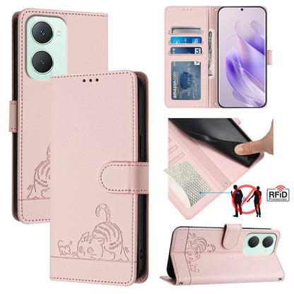 vivo Y03 4G Global Cat & Rat Embossed RFID Leather Case, Lanyard, Wallet, Card Slots, Kickstand, Anti-Fall, Scratch-Resistant