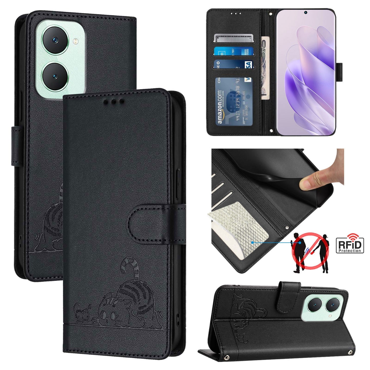 vivo Y03 4G Global Cat & Rat Embossed RFID Leather Case, Lanyard, Wallet, Card Slots, Kickstand, Anti-Fall, Scratch-Resistant