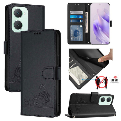 vivo Y03 4G Global Cat & Rat Embossed RFID Leather Case, Lanyard, Wallet, Card Slots, Kickstand, Anti-Fall, Scratch-Resistant
