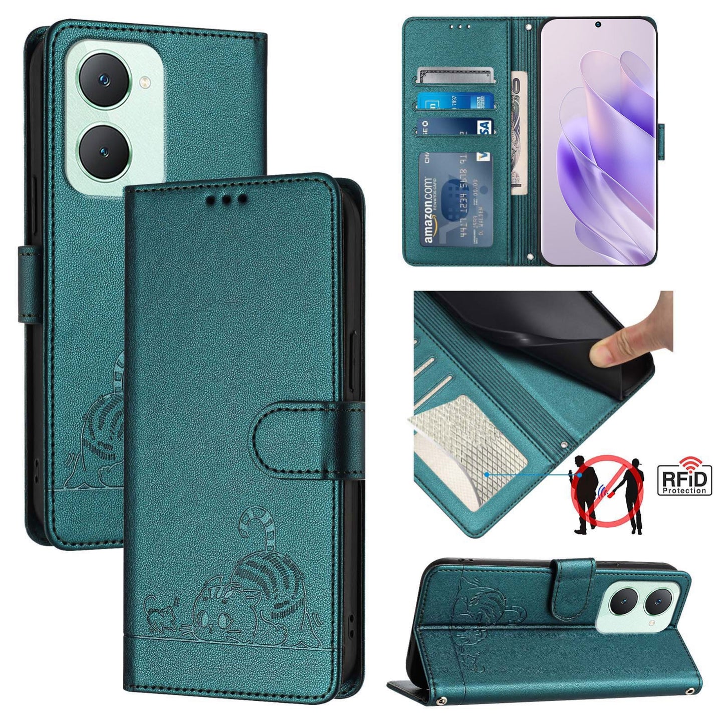 vivo Y03 4G Global Cat & Rat Embossed RFID Leather Case, Lanyard, Wallet, Card Slots, Kickstand, Anti-Fall, Scratch-Resistant