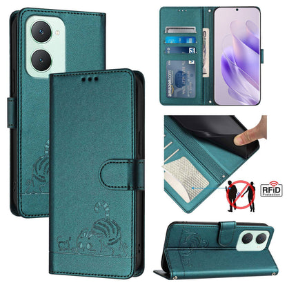vivo Y03 4G Global Cat & Rat Embossed RFID Leather Case, Lanyard, Wallet, Card Slots, Kickstand, Anti-Fall, Scratch-Resistant