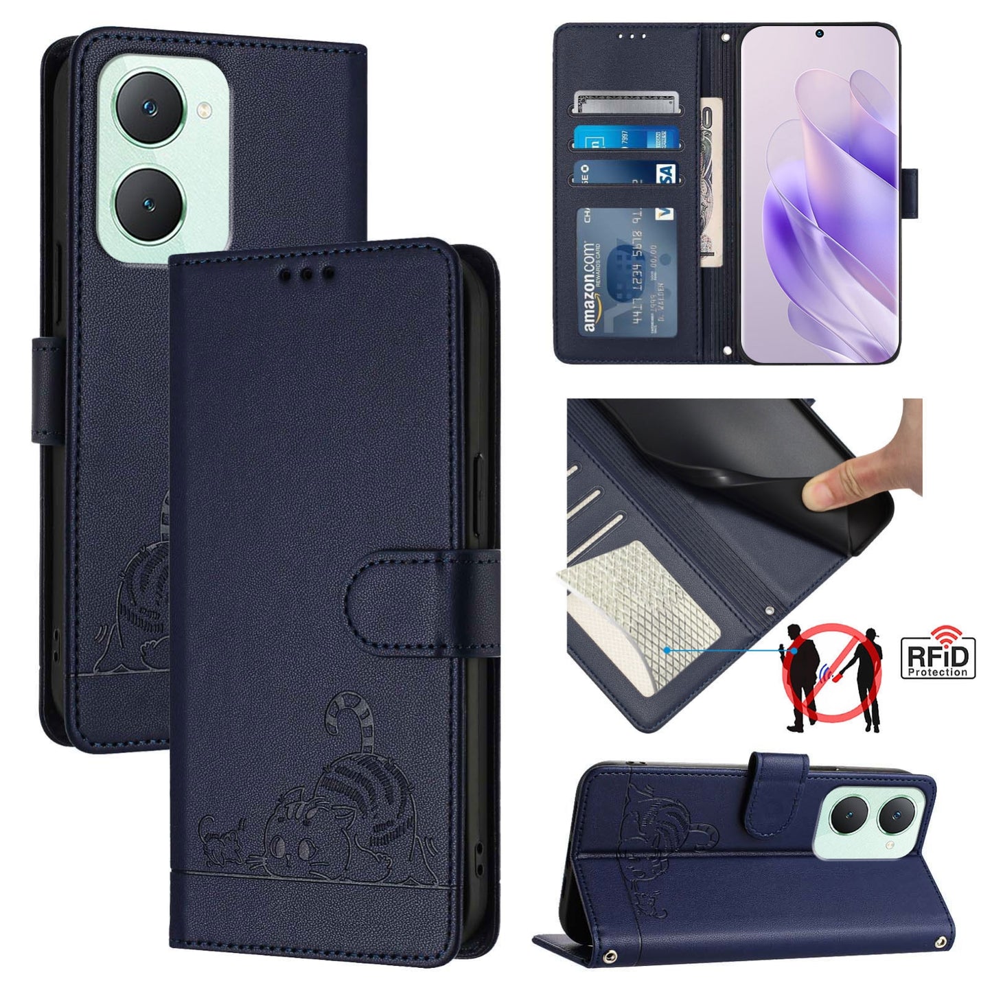 vivo Y03 4G Global Cat & Rat Embossed RFID Leather Case, Lanyard, Wallet, Card Slots, Kickstand, Anti-Fall, Scratch-Resistant