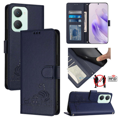 vivo Y03 4G Global Cat & Rat Embossed RFID Leather Case, Lanyard, Wallet, Card Slots, Kickstand, Anti-Fall, Scratch-Resistant