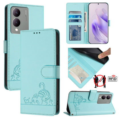 vivo Y17S 4G Global Cat & Rat Embossed RFID Leather Case, Lanyard, Wallet, Card Slots, Kickstand, Anti-Fall, Scratch-Resistant