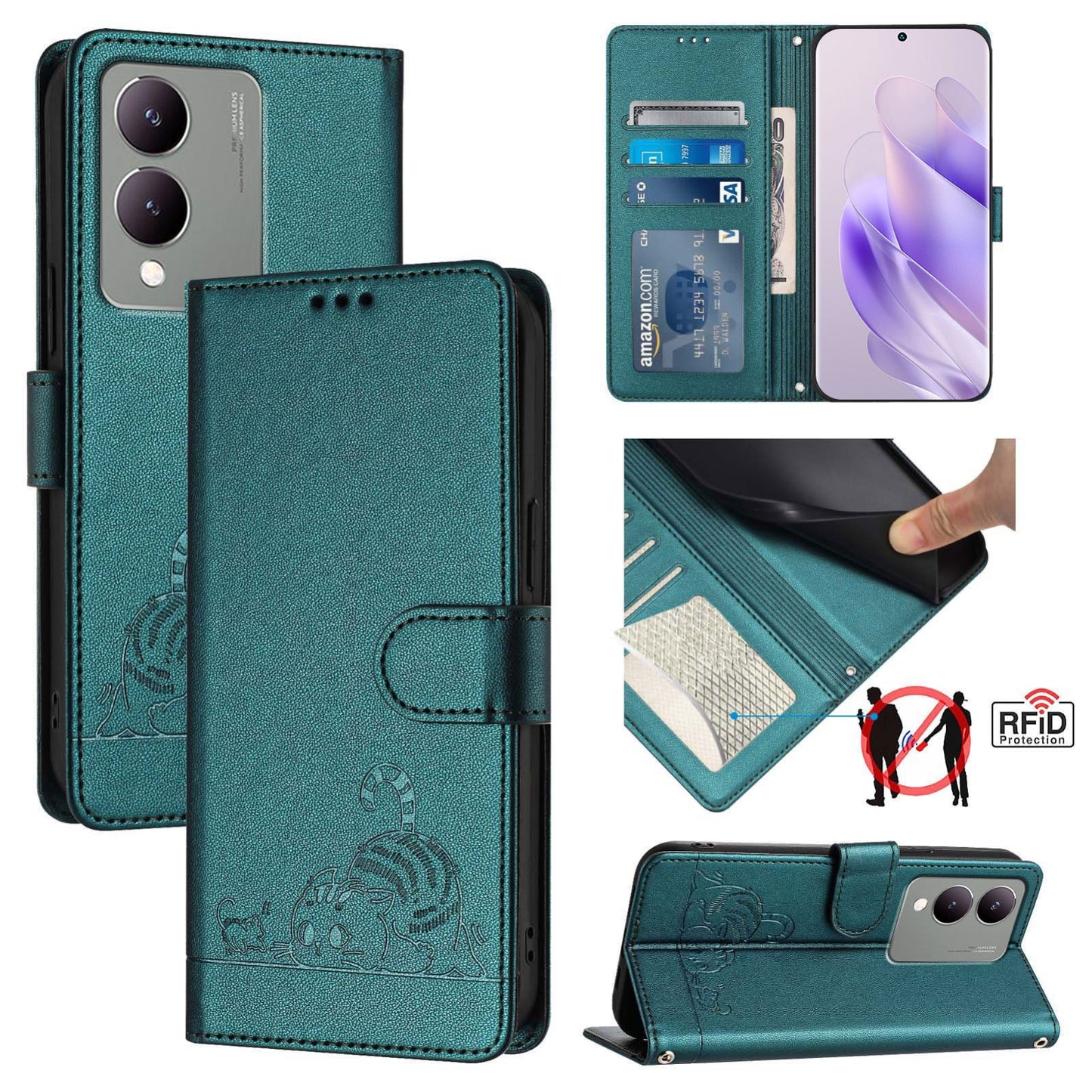 vivo Y17S 4G Global Cat & Rat Embossed RFID Leather Case, Lanyard, Wallet, Card Slots, Kickstand, Anti-Fall, Scratch-Resistant