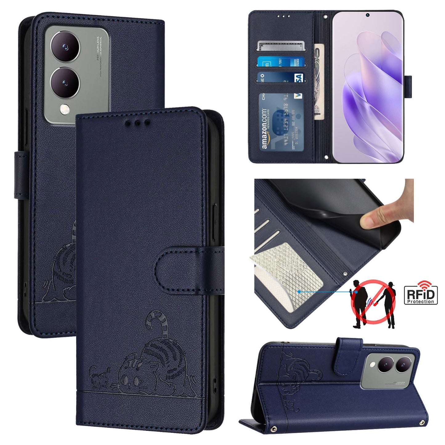 vivo Y17S 4G Global Cat & Rat Embossed RFID Leather Case, Lanyard, Wallet, Card Slots, Kickstand, Anti-Fall, Scratch-Resistant
