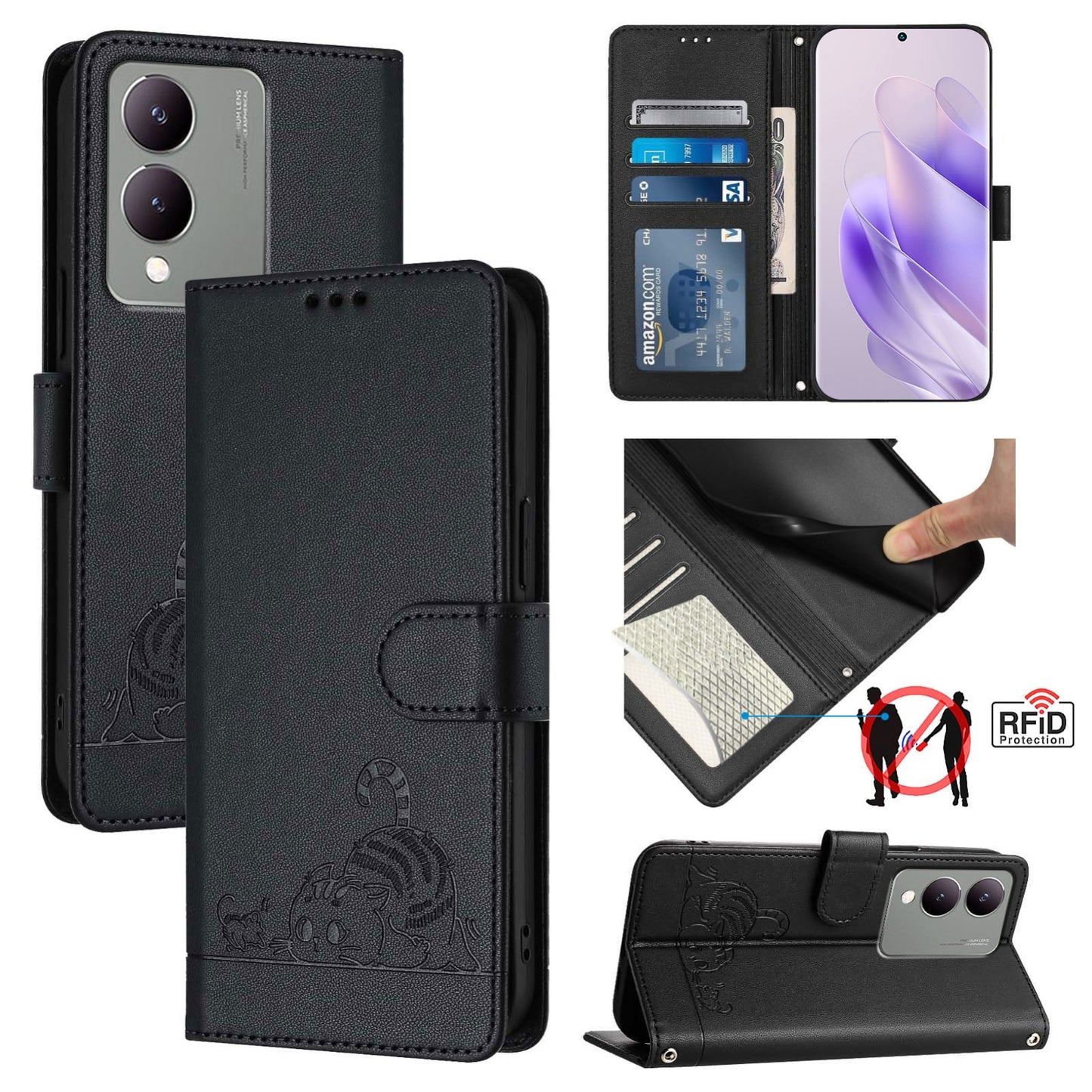 vivo Y17S 5G India Cat & Rat Embossed RFID Leather Case, Lanyard, Wallet, Card Slots, Kickstand, Anti-Fall, Scratch-Resistant