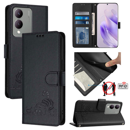 vivo Y17S 5G India Cat & Rat Embossed RFID Leather Case, Lanyard, Wallet, Card Slots, Kickstand, Anti-Fall, Scratch-Resistant