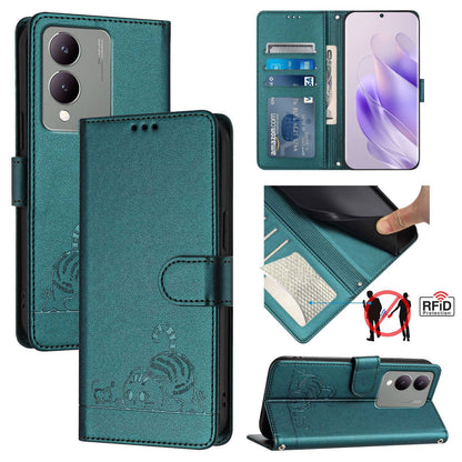 vivo Y17S 5G India Cat & Rat Embossed RFID Leather Case, Lanyard, Wallet, Card Slots, Kickstand, Anti-Fall, Scratch-Resistant