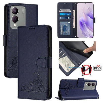 vivo Y17S 5G India Cat & Rat Embossed RFID Leather Case, Lanyard, Wallet, Card Slots, Kickstand, Anti-Fall, Scratch-Resistant