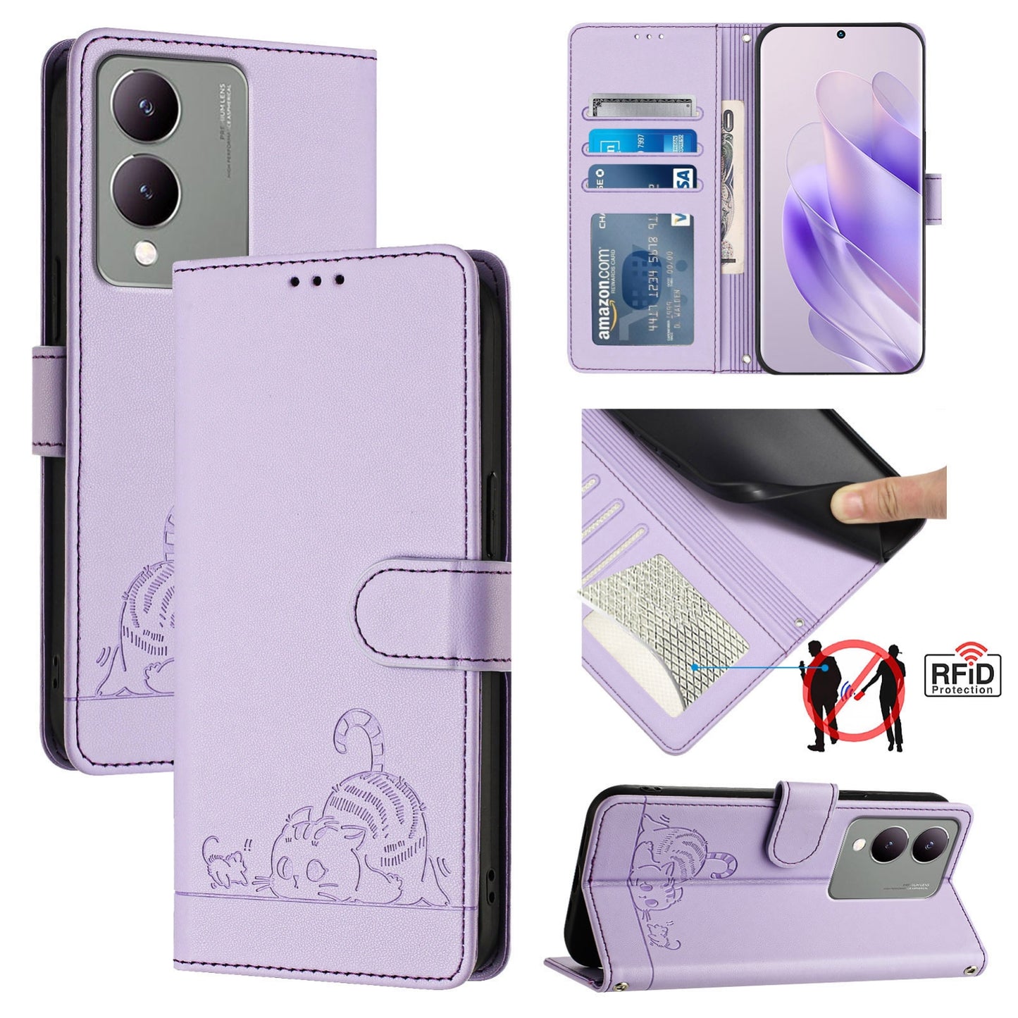 vivo Y17S 5G India Cat & Rat Embossed RFID Leather Case, Lanyard, Wallet, Card Slots, Kickstand, Anti-Fall, Scratch-Resistant