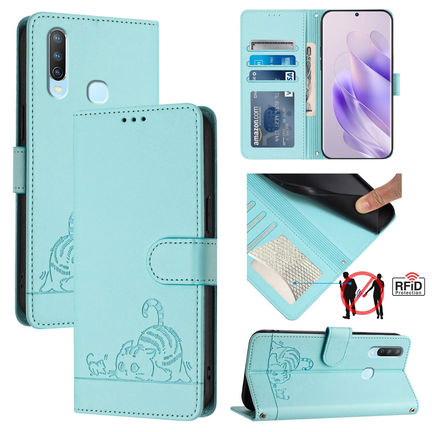 vivo Y15 Cat & Rat Embossed RFID Leather Case, Lanyard, Wallet, Card Slots, Kickstand, Anti-Fall, Scratch-Resistant