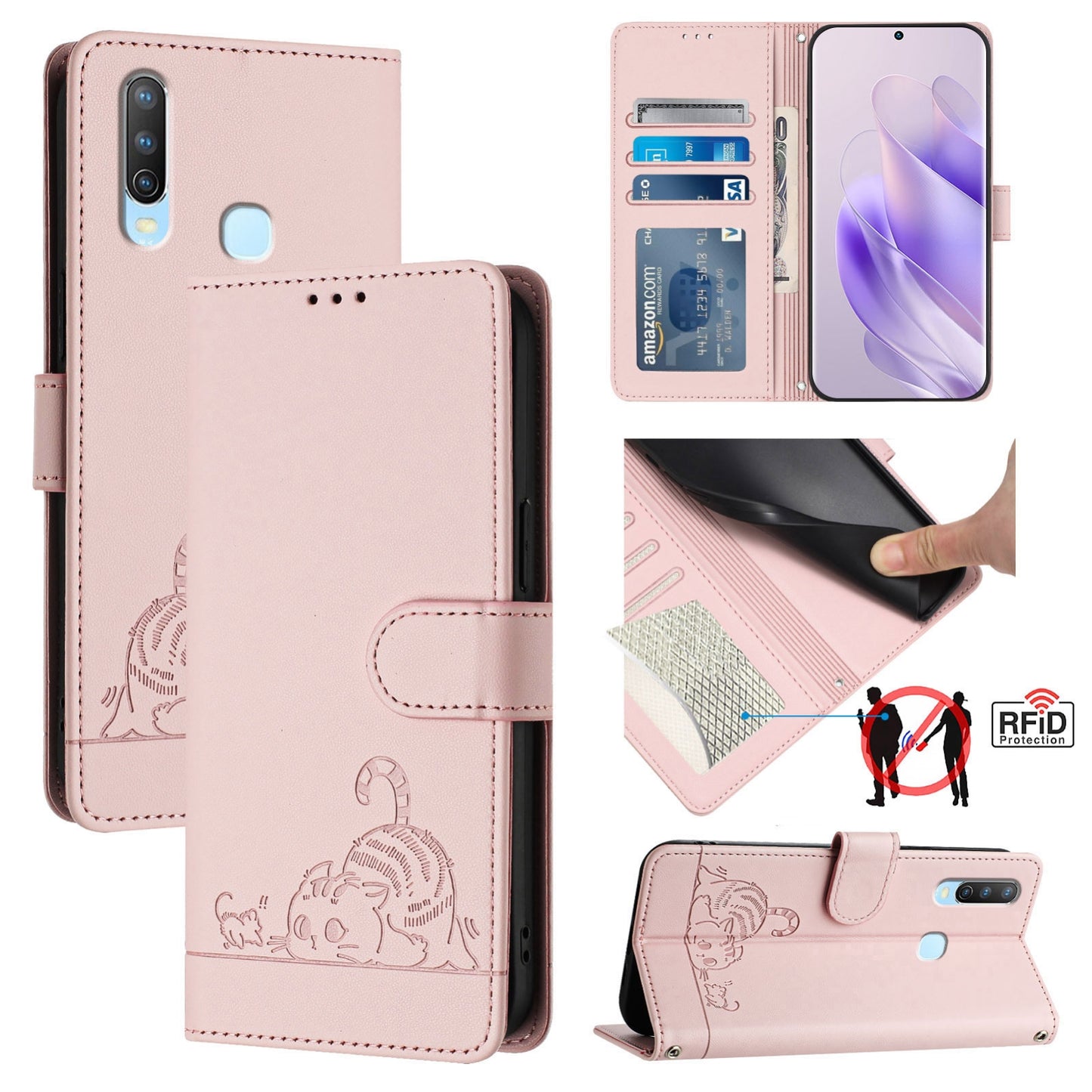 vivo Y17 Cat & Rat Embossed RFID Leather Case, Lanyard, Wallet, Card Slots, Kickstand, Anti-Fall, Scratch-Resistant