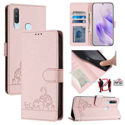 vivo Y15 Cat & Rat Embossed RFID Leather Case, Lanyard, Wallet, Card Slots, Kickstand, Anti-Fall, Scratch-Resistant