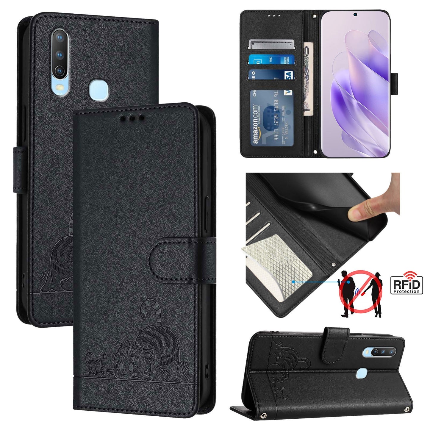vivo Y17 Cat & Rat Embossed RFID Leather Case, Lanyard, Wallet, Card Slots, Kickstand, Anti-Fall, Scratch-Resistant