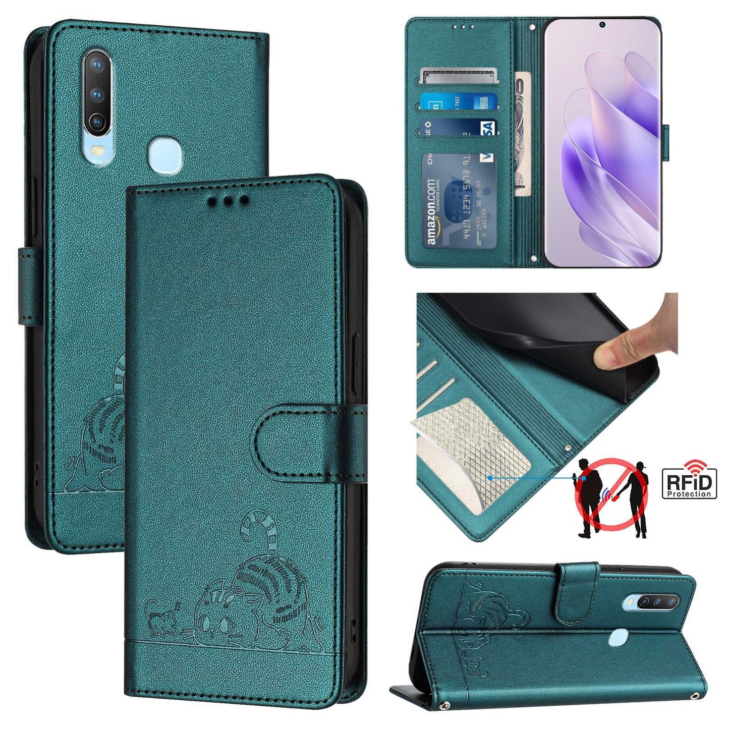 vivo Y11 Cat & Rat Embossed RFID Leather Case, Lanyard, Wallet, Card Slots, Kickstand, Anti-Fall, Scratch-Resistant