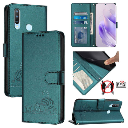 vivo Y11 Cat & Rat Embossed RFID Leather Case, Lanyard, Wallet, Card Slots, Kickstand, Anti-Fall, Scratch-Resistant