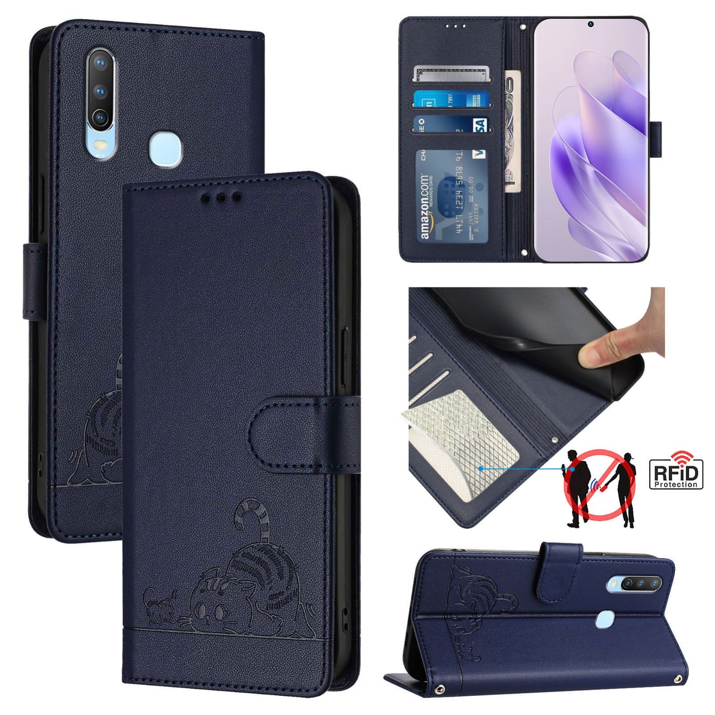 vivo Y17 Cat & Rat Embossed RFID Leather Case, Lanyard, Wallet, Card Slots, Kickstand, Anti-Fall, Scratch-Resistant