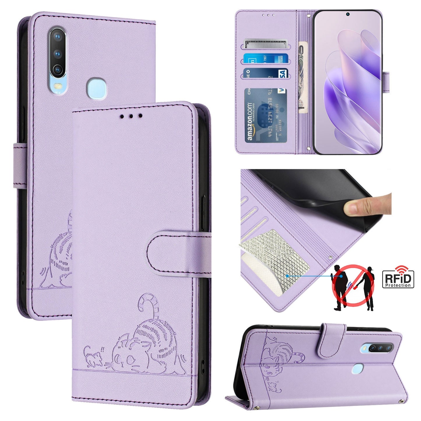 vivo Y17 Cat & Rat Embossed RFID Leather Case, Lanyard, Wallet, Card Slots, Kickstand, Anti-Fall, Scratch-Resistant