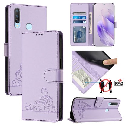 vivo Y12 Cat & Rat Embossed RFID Leather Case, Lanyard, Wallet, Card Slots, Kickstand, Anti-Fall, Scratch-Resistant